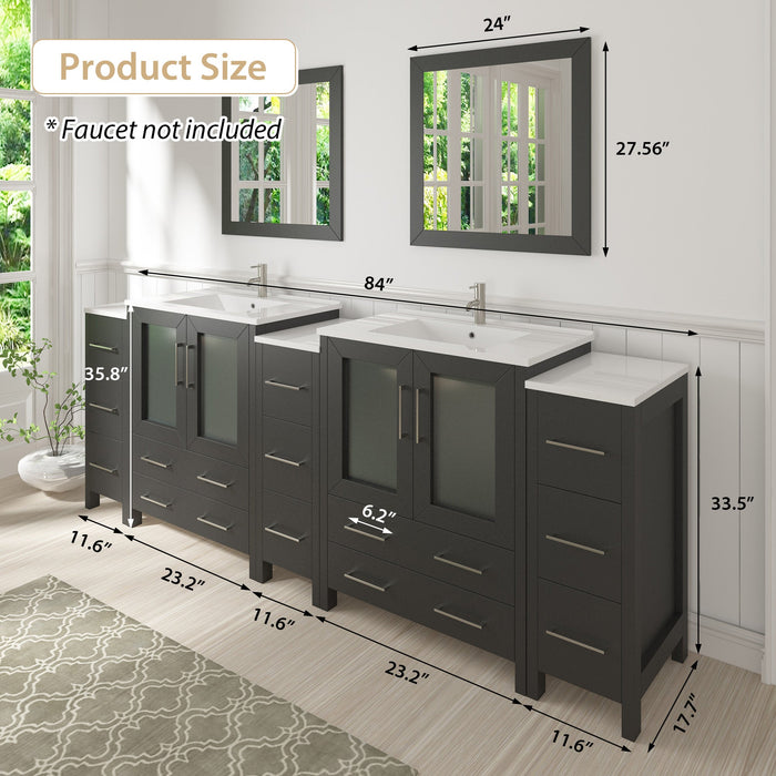 84" Double Sink Modern Bathroom Vanity Set with Ceramic Top & Free Mirrors – Large Storage Cabinet with 3 Side Cabinets VA3024-84 - HomeBeyond