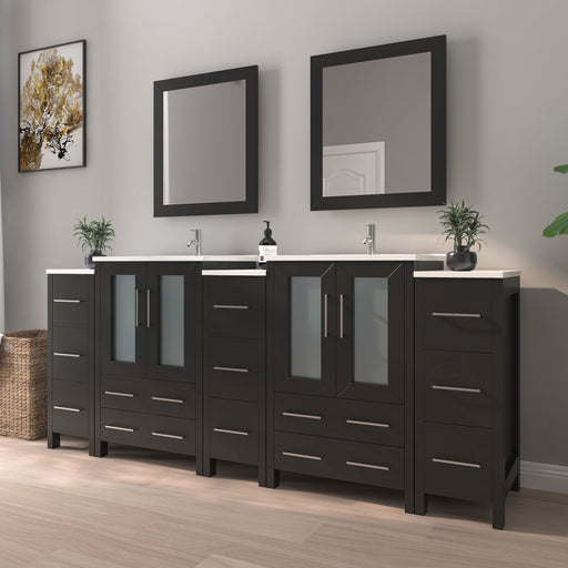 84" Double Sink Modern Bathroom Vanity Set with Ceramic Top & Free Mirrors – Large Storage Cabinet with 3 Side Cabinets VA3024-84 - HomeBeyond