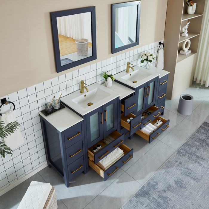 84" Double Sink Modern Bathroom Vanity Set with Ceramic Top & Free Mirrors – Large Storage Cabinet with 3 Side Cabinets VA3024-84 - HomeBeyond