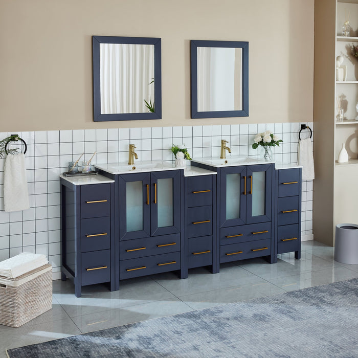 84" Double Sink Modern Bathroom Vanity Set with Ceramic Top & Free Mirrors – Large Storage Cabinet with 3 Side Cabinets VA3024-84 - HomeBeyond