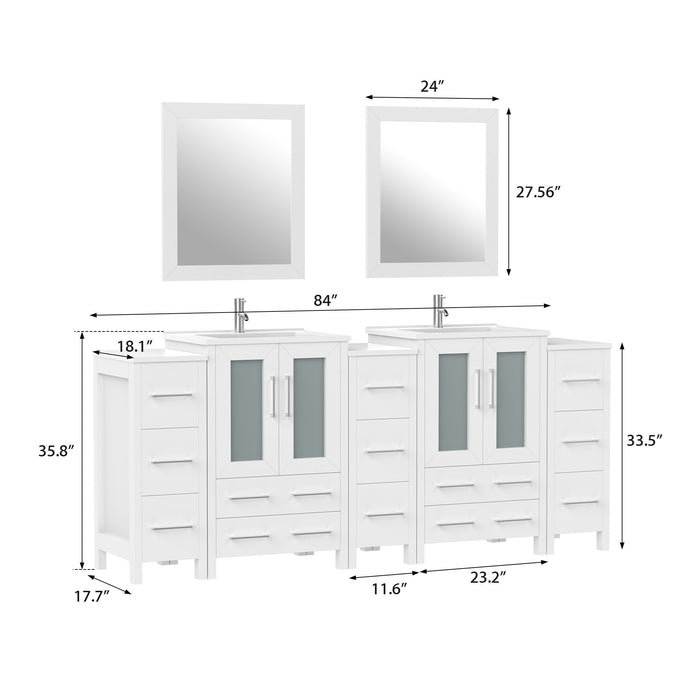 84" Double Sink Modern Bathroom Vanity Set with Ceramic Top & Free Mirrors – Large Storage Cabinet with 3 Side Cabinets VA3024-84 - HomeBeyond
