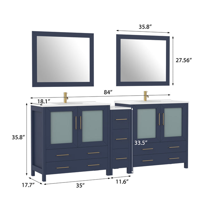 84" Double Sink Modern Bathroom Vanity Set with Ceramic Top & Free Mirrors – Large Storage Cabinet with 7 Drawers VA3036-84 - HomeBeyond