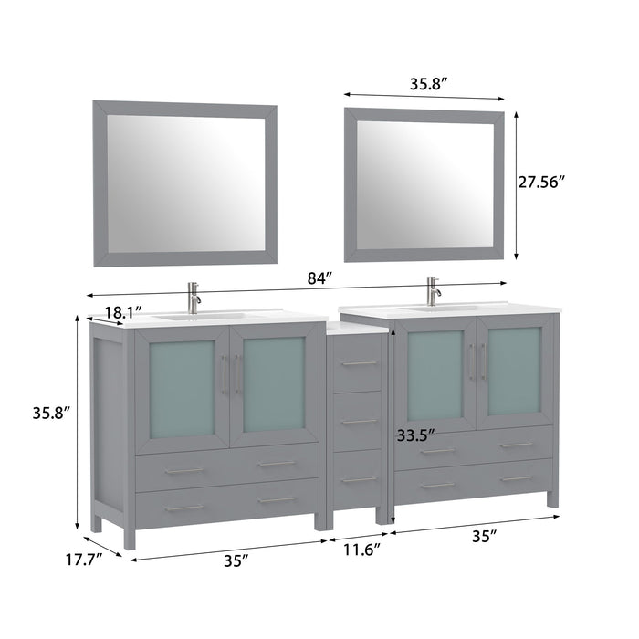 84" Double Sink Modern Bathroom Vanity Set with Ceramic Top & Free Mirrors – Large Storage Cabinet with 7 Drawers VA3036-84 - HomeBeyond