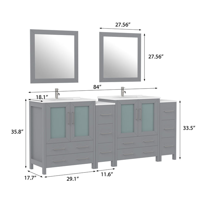 84" Double Sink Modern Bathroom Vanity Set with White Ceramic Top & Free Mirrors – Large Storage Cabinet with 10 Drawers VA3030-84 - HomeBeyond