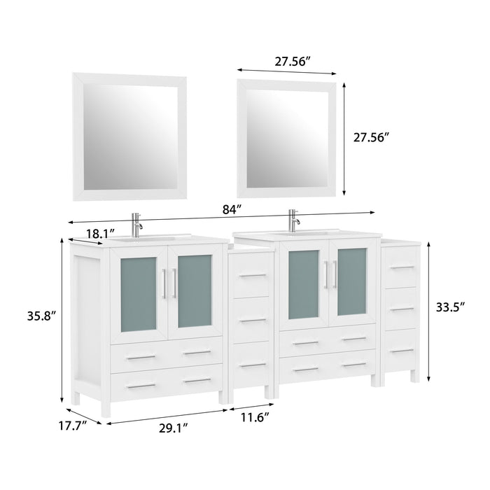 84" Double Sink Modern Bathroom Vanity Set with White Ceramic Top & Free Mirrors – Large Storage Cabinet with 10 Drawers VA3030-84 - HomeBeyond
