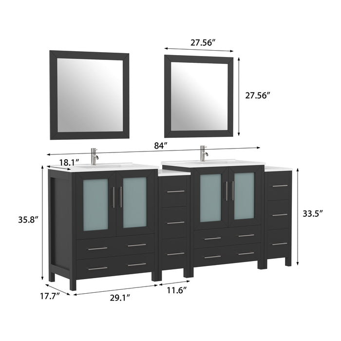 84" Double Sink Modern Bathroom Vanity Set with White Ceramic Top & Free Mirrors – Large Storage Cabinet with 10 Drawers VA3030-84 - HomeBeyond