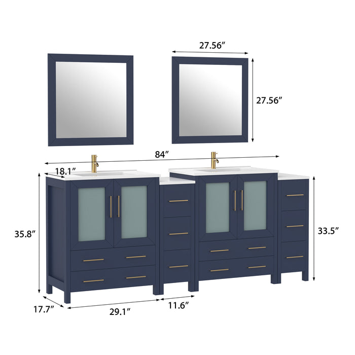 84" Double Sink Modern Bathroom Vanity Set with White Ceramic Top & Free Mirrors – Large Storage Cabinet with 10 Drawers VA3030-84 - HomeBeyond
