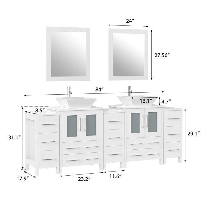84" Double Sink Modern Bathroom Vanity Set with White Engineered Marble Top & Free Mirrors – Large Storage Cabinet with 13 Drawers VA3124-84 - HomeBeyond