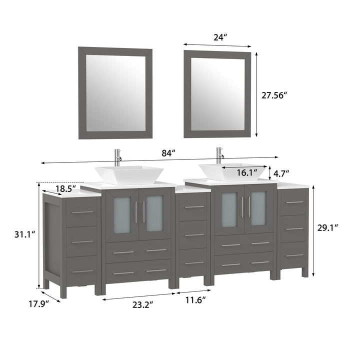84" Double Sink Modern Bathroom Vanity Set with White Engineered Marble Top & Free Mirrors – Large Storage Cabinet with 13 Drawers VA3124-84 - HomeBeyond