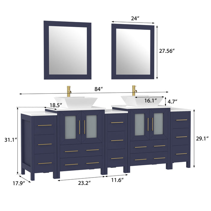 84" Double Sink Modern Bathroom Vanity Set with White Engineered Marble Top & Free Mirrors – Large Storage Cabinet with 13 Drawers VA3124-84 - HomeBeyond