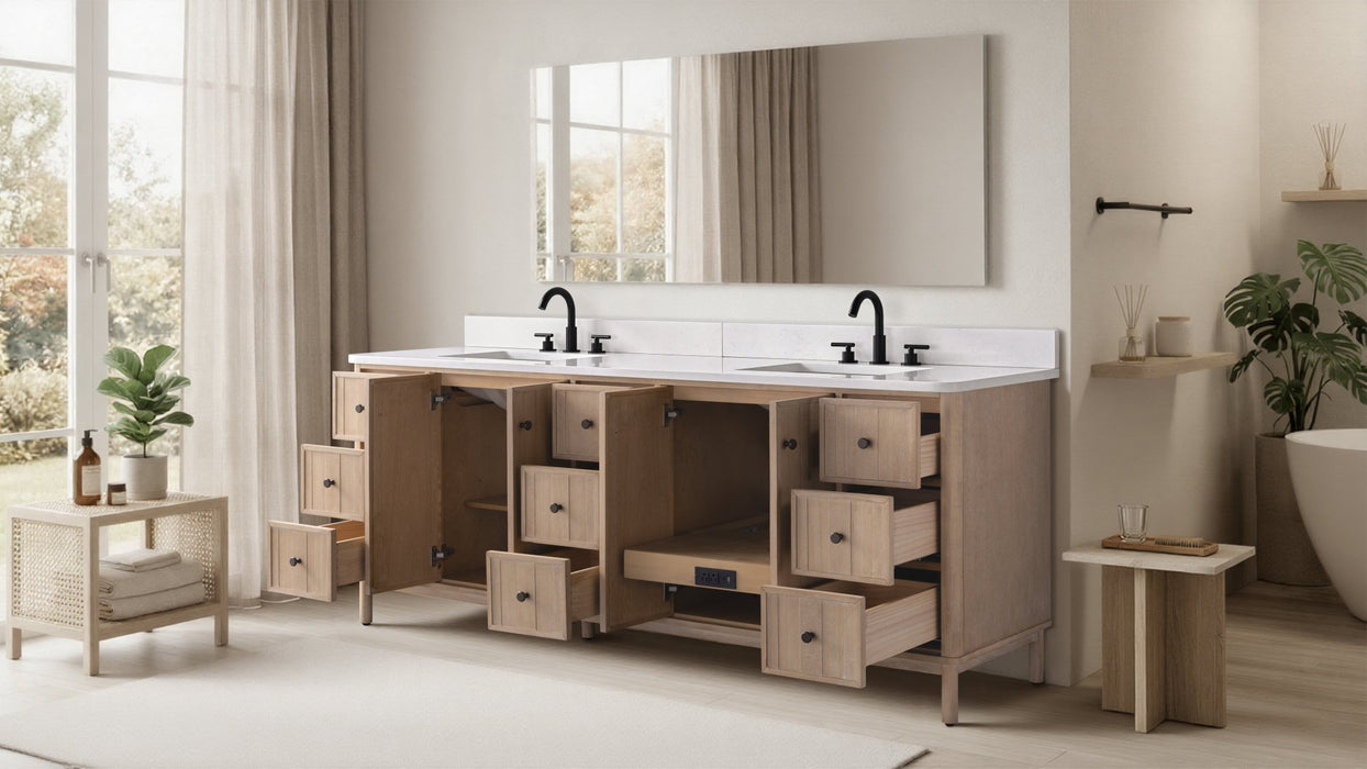 84" Freestanding Bathroom Vanity with Milano Mist Engineered Stone Countertop, Integrated Ceramic Sink, Hidden Power & USB Charging Station and Hair Dryer Storage - HomeBeyond