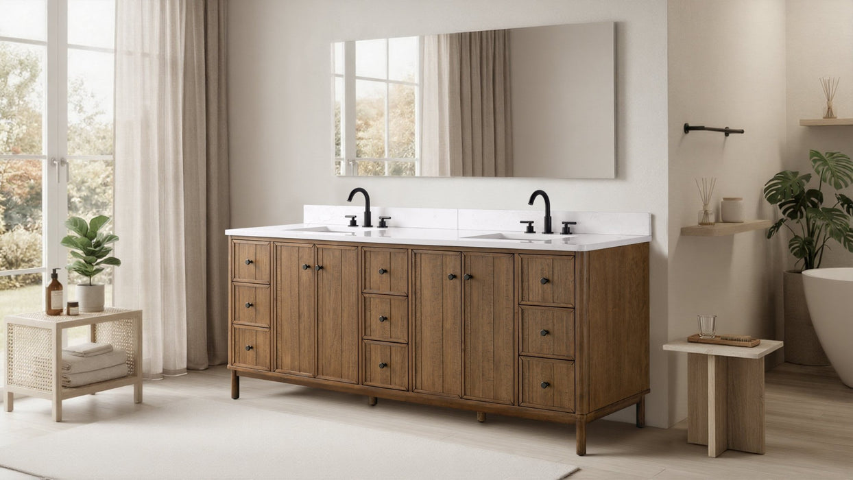 84" Freestanding Bathroom Vanity with Milano Mist Engineered Stone Countertop, Integrated Ceramic Sink, Hidden Power & USB Charging Station and Hair Dryer Storage - HomeBeyond