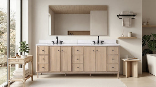 84" Freestanding Bathroom Vanity with Milano Mist Engineered Stone Countertop, Integrated Ceramic Sink, Hidden Power & USB Charging Station and Hair Dryer Storage - HomeBeyond