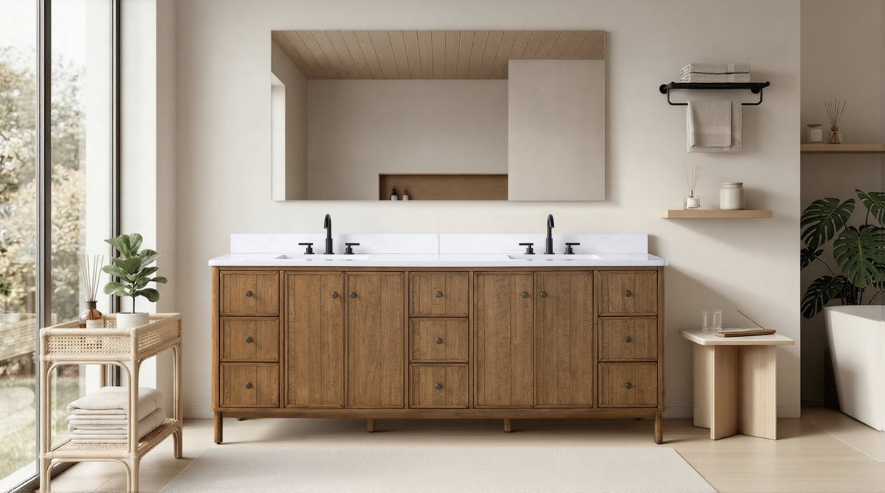 84" Freestanding Bathroom Vanity with Milano Mist Engineered Stone Countertop, Integrated Ceramic Sink, Hidden Power & USB Charging Station and Hair Dryer Storage - HomeBeyond