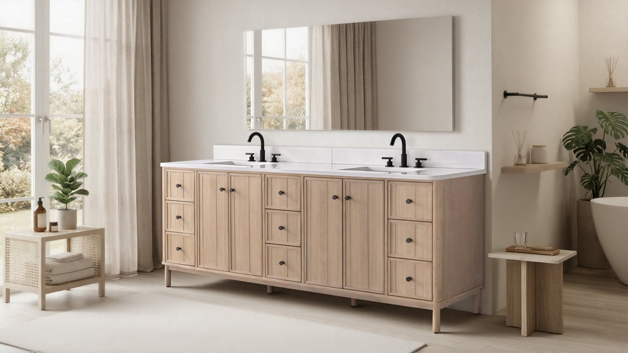 84" Freestanding Bathroom Vanity with Milano Mist Engineered Stone Countertop, Integrated Ceramic Sink, Hidden Power & USB Charging Station and Hair Dryer Storage - HomeBeyond