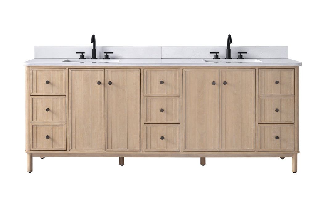 84" Freestanding Bathroom Vanity with Milano Mist Engineered Stone Countertop, Integrated Ceramic Sink, Hidden Power & USB Charging Station and Hair Dryer Storage - HomeBeyond