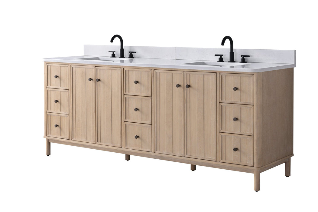 84" Freestanding Bathroom Vanity with Milano Mist Engineered Stone Countertop, Integrated Ceramic Sink, Hidden Power & USB Charging Station and Hair Dryer Storage - HomeBeyond