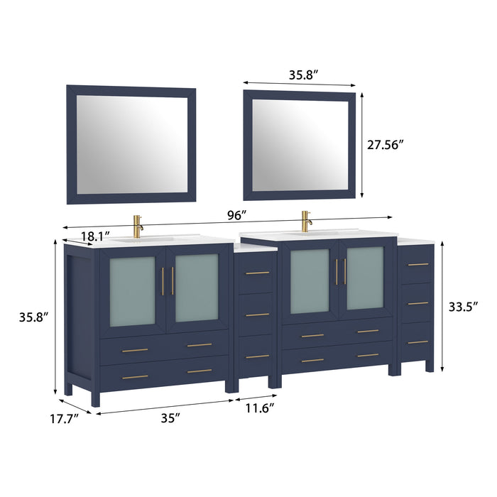 96" Double Sink Modern Bathroom Vanity Set with Ceramic Top & Free Mirrors – Large Storage Cabinet with 10 Drawers VA3036-96 - HomeBeyond