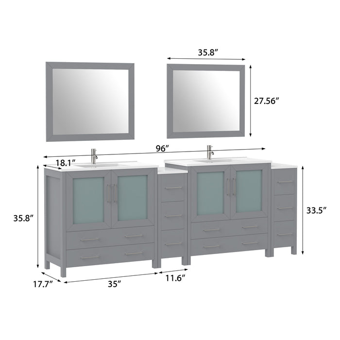 96" Double Sink Modern Bathroom Vanity Set with Ceramic Top & Free Mirrors – Large Storage Cabinet with 10 Drawers VA3036-96 - HomeBeyond