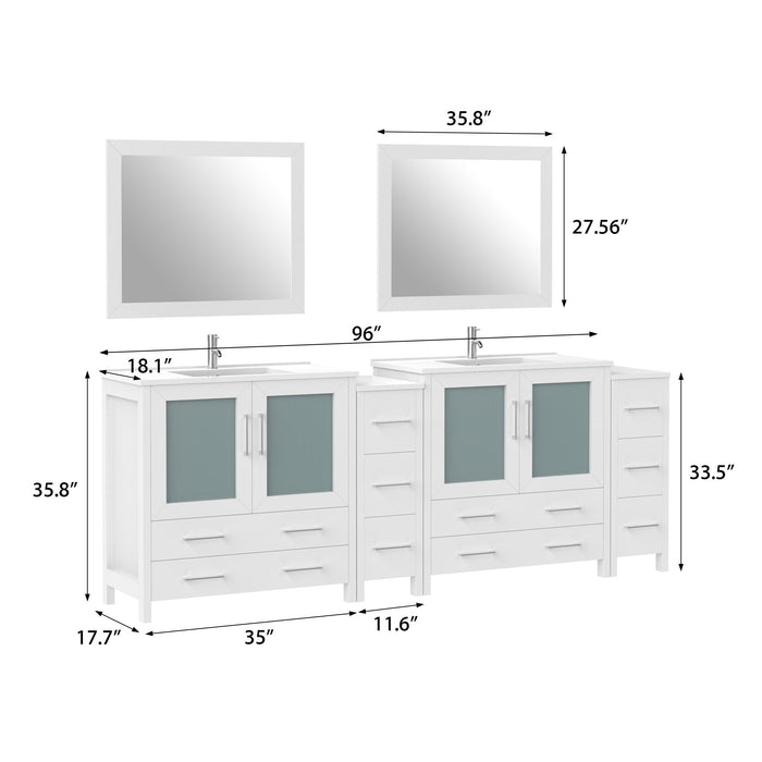 96" Double Sink Modern Bathroom Vanity Set with Ceramic Top & Free Mirrors – Large Storage Cabinet with 10 Drawers VA3036-96 - HomeBeyond