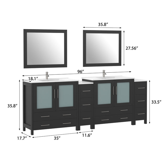 96" Double Sink Modern Bathroom Vanity Set with Ceramic Top & Free Mirrors – Large Storage Cabinet with 10 Drawers VA3036-96 - HomeBeyond