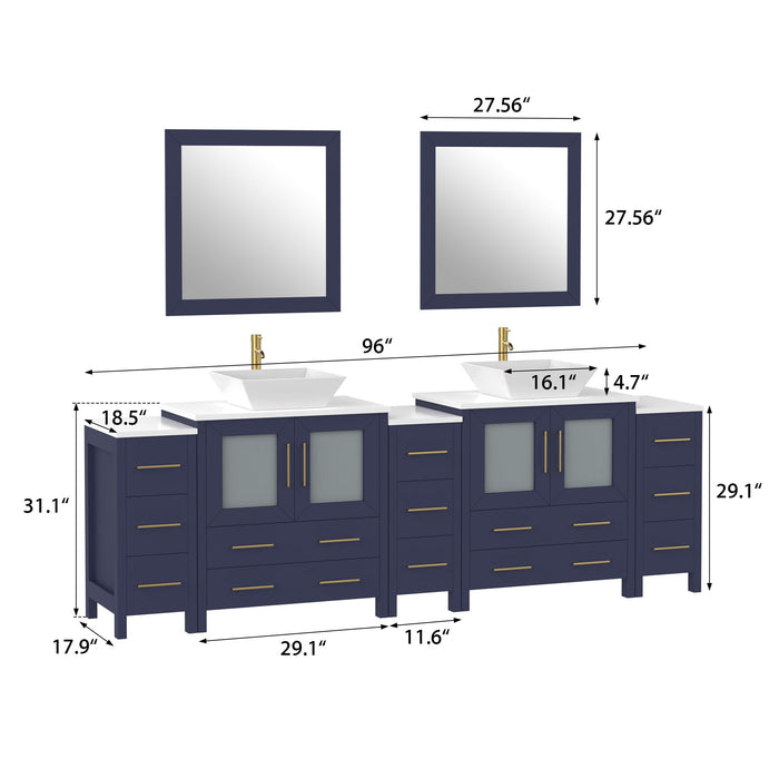 96" Double Sink Modern Bathroom Vanity Set with Engineered Marble Top & Free Mirrors – Large Storage Cabinet with 13 Drawers VA3130-96 - HomeBeyond