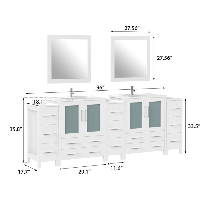 96" Double Sink Modern Bathroom Vanity Set with White Ceramic Top & Free Mirrors – Large Storage Cabinet with 13 Drawers VA3030-96 - HomeBeyond