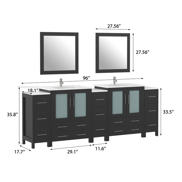 96" Double Sink Modern Bathroom Vanity Set with White Ceramic Top & Free Mirrors – Large Storage Cabinet with 13 Drawers VA3030-96 - HomeBeyond