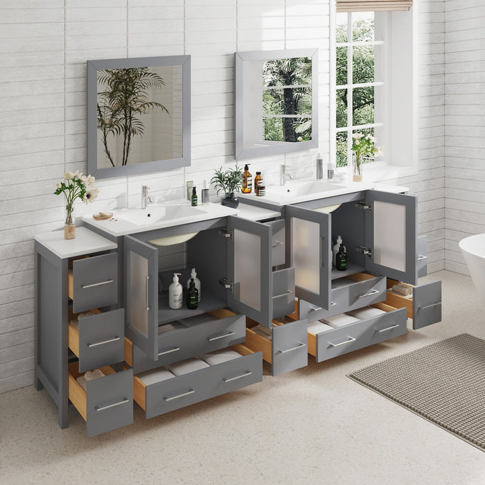 96" Double Sink Modern Bathroom Vanity Set with White Ceramic Top & Free Mirrors – Large Storage Cabinet with 13 Drawers VA3030-96 - HomeBeyond