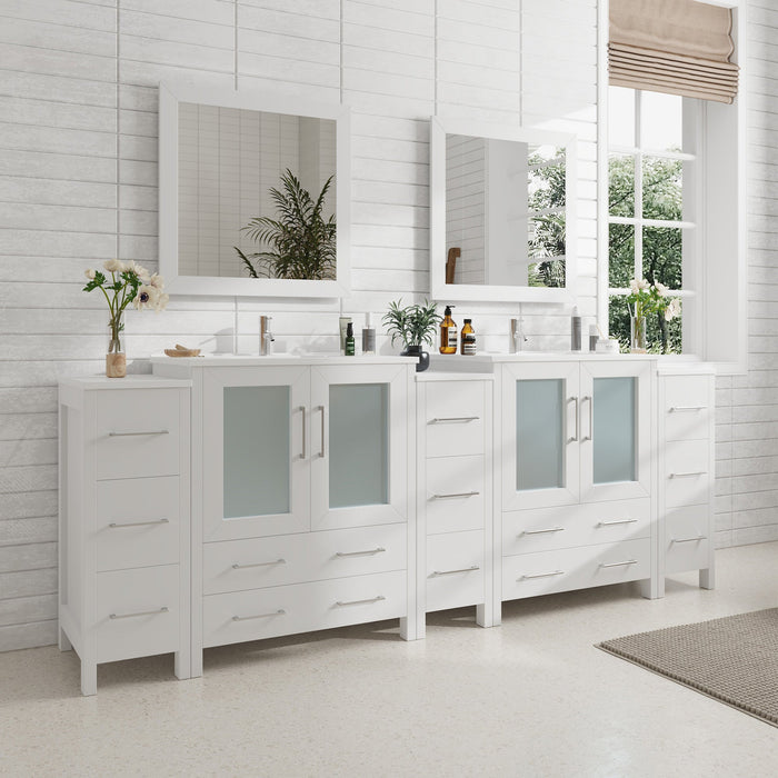 96" Double Sink Modern Bathroom Vanity Set with White Ceramic Top & Free Mirrors – Large Storage Cabinet with 13 Drawers VA3030-96 - HomeBeyond
