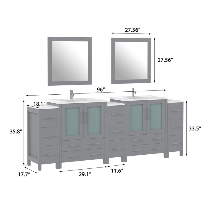 96" Double Sink Modern Bathroom Vanity Set with White Ceramic Top & Free Mirrors – Large Storage Cabinet with 13 Drawers VA3030-96 - HomeBeyond