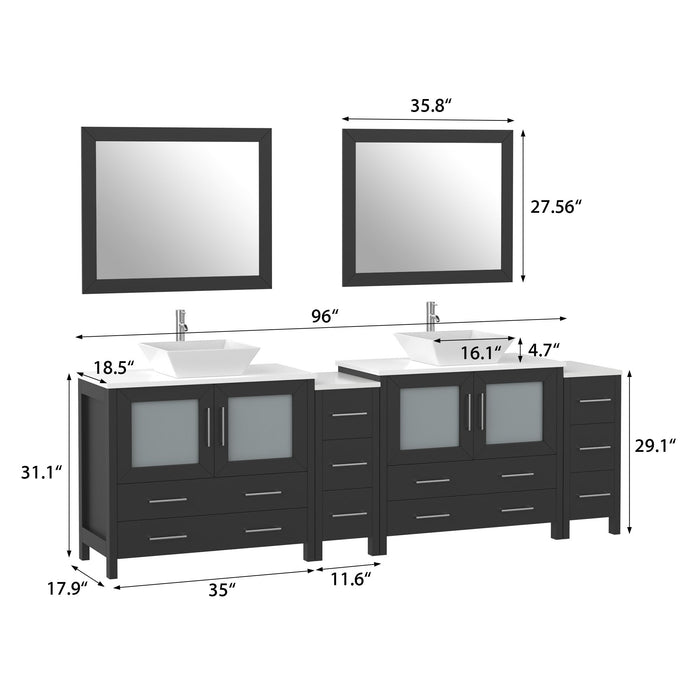 96" Double Sink Modern Bathroom Vanity Set with White Engineered Marble Top & Free Mirrors – Large Storage Cabinet with 10 Drawers VA3136-96 - HomeBeyond