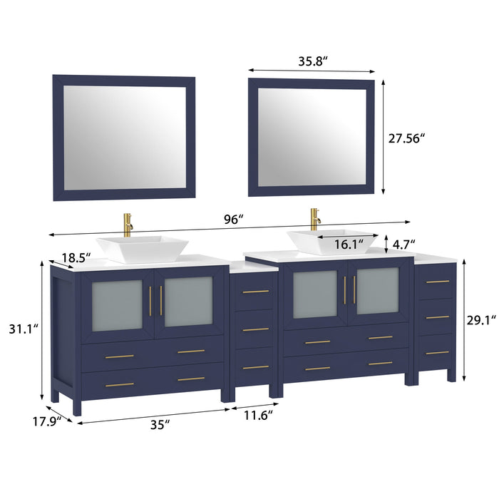 96" Double Sink Modern Bathroom Vanity Set with White Engineered Marble Top & Free Mirrors – Large Storage Cabinet with 10 Drawers VA3136-96 - HomeBeyond