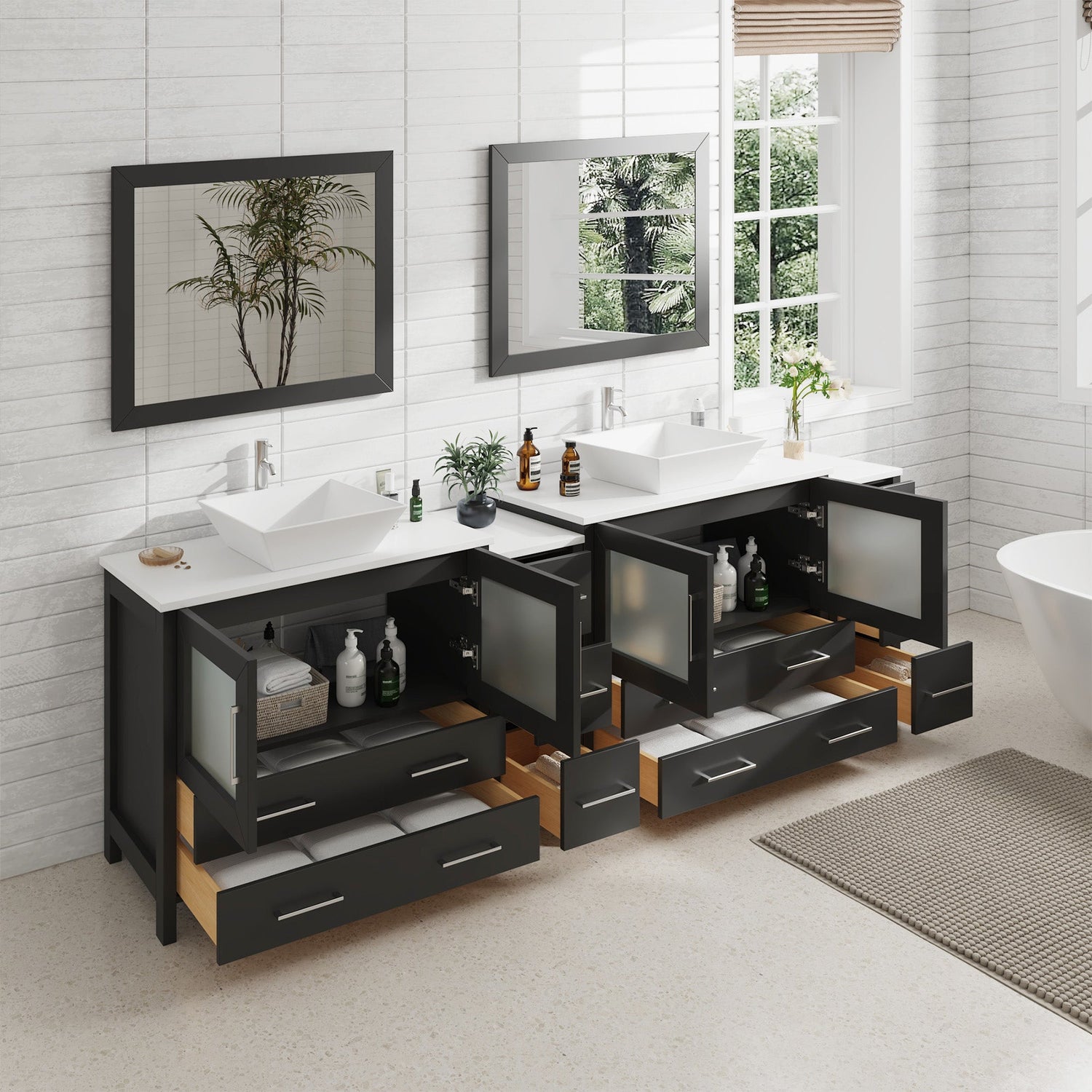 96" Double Sink Modern Bathroom Vanity Set with White Engineered Marble Top & Free Mirrors – Large Storage Cabinet with 10 Drawers VA3136-96 - HomeBeyond