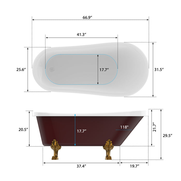 70" x 32" Modern Freestanding Acrylic Clawfoot Soaking Bathtub in Red Ergonomic Deep Soaker Tub with Pop-up Drain VA6311-RL