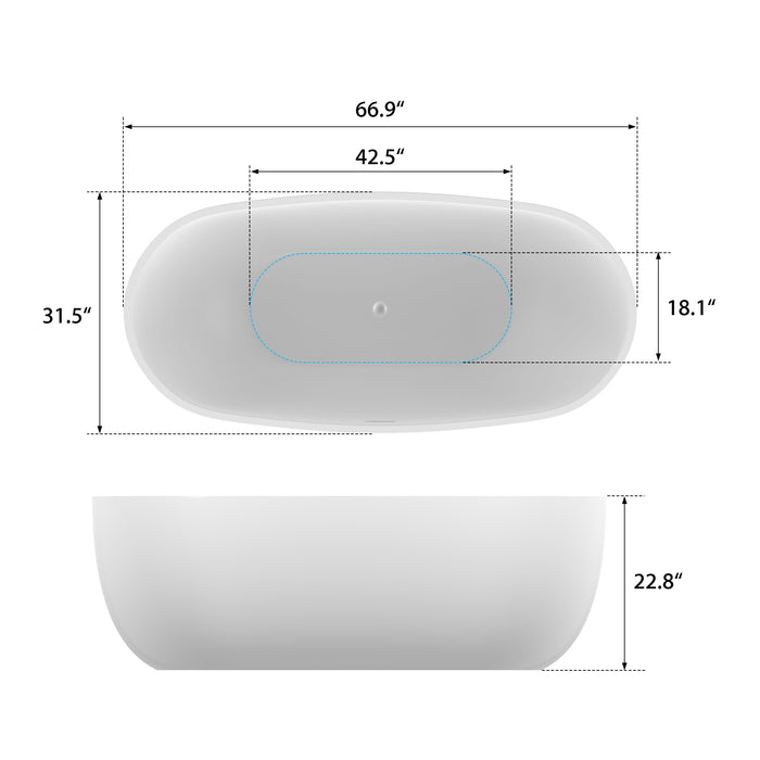 67" X 32" Freestanding White Acrylic Bathtub Modern Stand Alone Soaking Tub VA6906-L