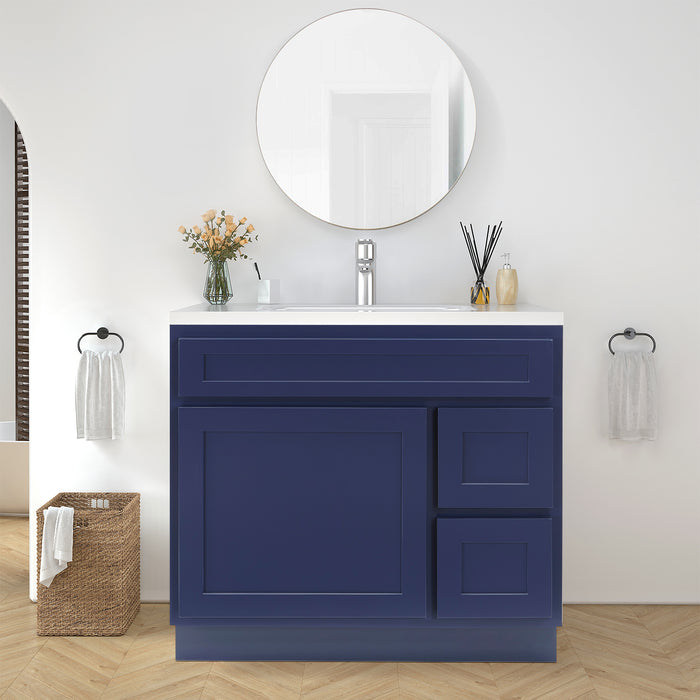 36" Modern Freestanding Oak Plywood Bathroom Vanity Base Only – Shaker Style Storage Cabinet with 2 Extension Drawers & Single Louvered Door VA40362R