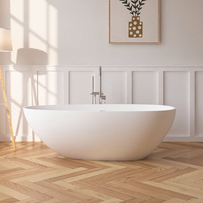 67" x 34" Modern Oval Stone Resin Freestanding Soaking Bathtub with Center Chrome Drain VA6913-L