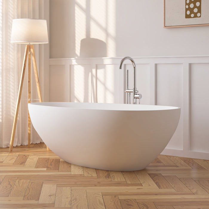 67" x 34" Modern Oval Stone Resin Freestanding Soaking Bathtub with Center Chrome Drain VA6913-L