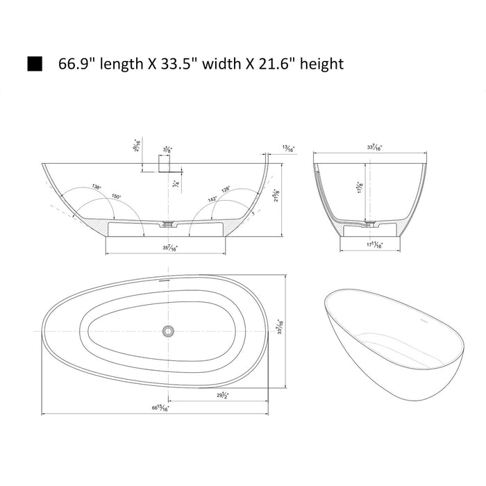 67" x 34" Modern Oval Stone Resin Freestanding Soaking Bathtub with Center Chrome Drain VA6913-L