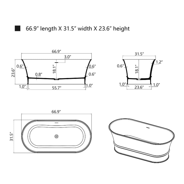 67" X 32"  Stone Resin Oval Shape Freestanding Bathtub, with Pure White Overflow and Pop Up Drain VA6919-L