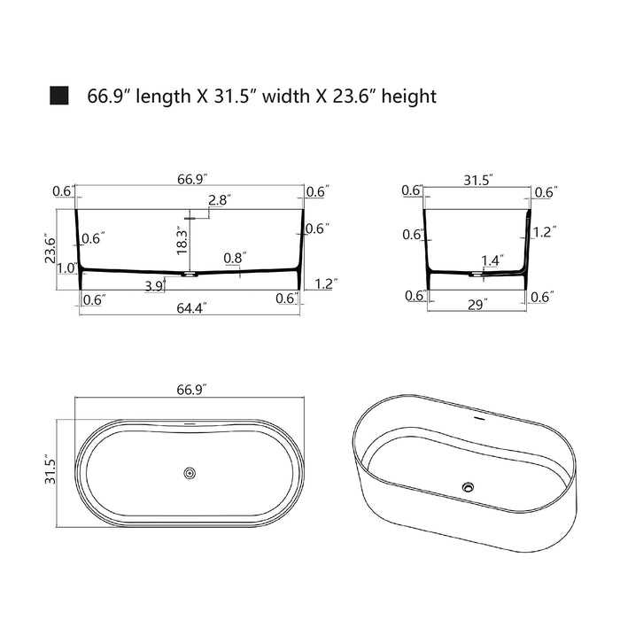 67" X 32" Stone Resin Ergonomic Shape Freestanding Bathtub, with Pure White Overflow and Pop Up Drain VA6920-L