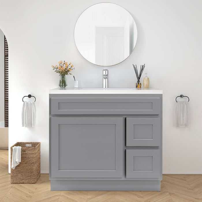 36" Modern Freestanding Oak Plywood Bathroom Vanity Base Only – Shaker Style Storage Cabinet with 2 Extension Drawers & Single Louvered Door VA40362R