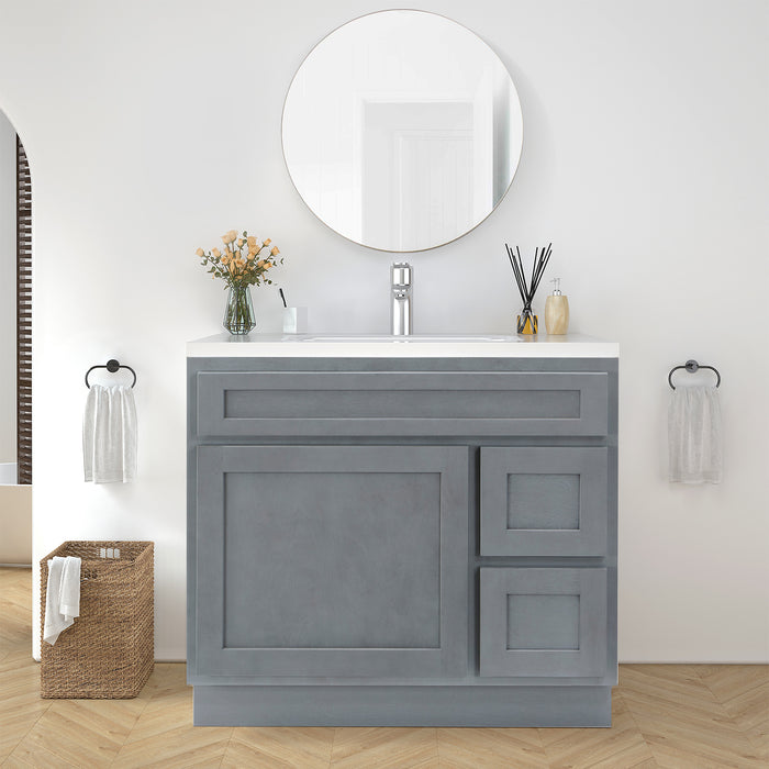 36" Modern Freestanding Oak Plywood Bathroom Vanity Base Only – Shaker Style Storage Cabinet with 2 Extension Drawers & Single Louvered Door VA40362R