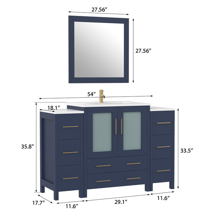 54" Single Sink Modern Bathroom Vanity Set with White Ceramic Top & Free Mirror – Large Storage Cabinet with 8 Drawers VA3030-54