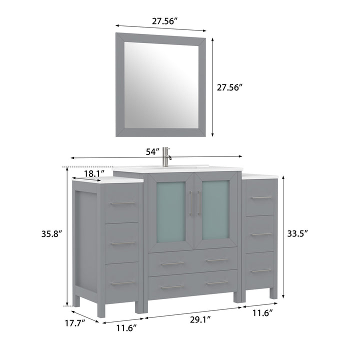 54" Single Sink Modern Bathroom Vanity Set with White Ceramic Top & Free Mirror – Large Storage Cabinet with 8 Drawers VA3030-54