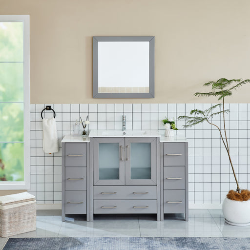 Brescia 54-inch gray single sink bathroom vanity combo with mirror, side cabinets, white ceramic top, modern drawers