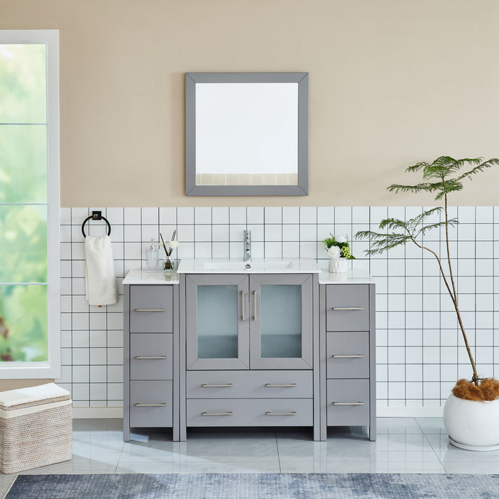 Brescia 54" Single Sink Bathroom Vanity Combo Set, Modern 8 Drawers 1 Shelf 3 Cabinets White Ceramic Top Under Sink Vanity with Mirror