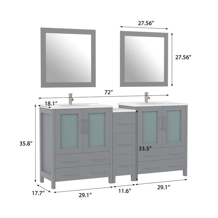 72" Double Sink Modern Bathroom Vanity Set with White Ceramic Top & Free Mirrors – Large Storage Cabinet with 7 Drawers VA3030-72