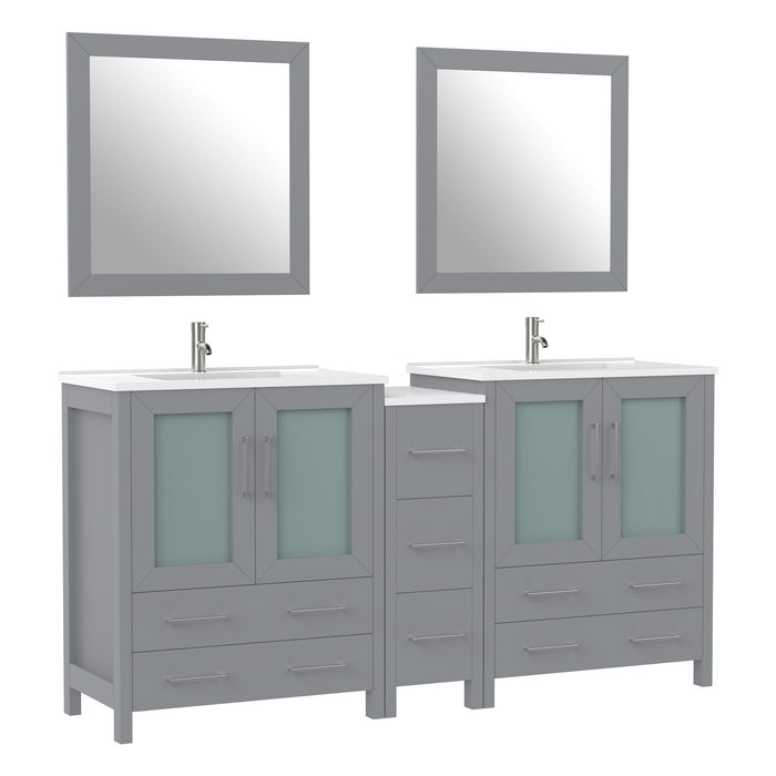 72" Double Sink Modern Bathroom Vanity Set with White Ceramic Top & Free Mirrors – Large Storage Cabinet with 7 Drawers VA3030-72